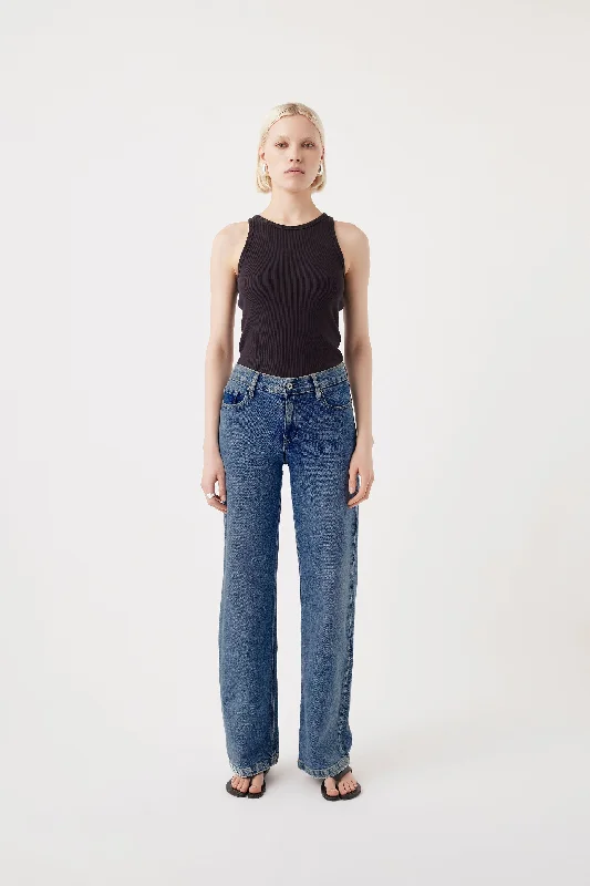 Mia Buttoned Mid Wide Long Jean Opulent Blue Comfortable Straight-Legged Denim