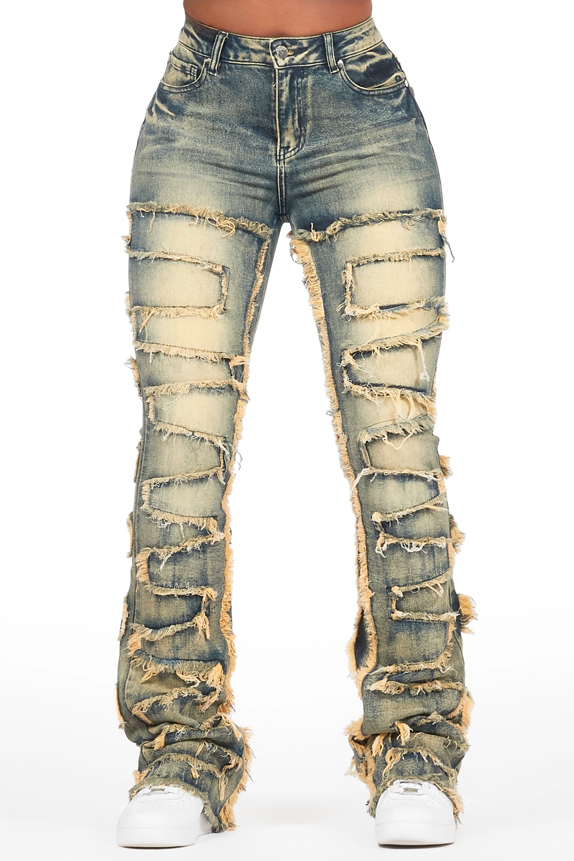 Zariyah Tinted Dark Wash Stacked Flare Jean Fashionable Raw Edge Jeans