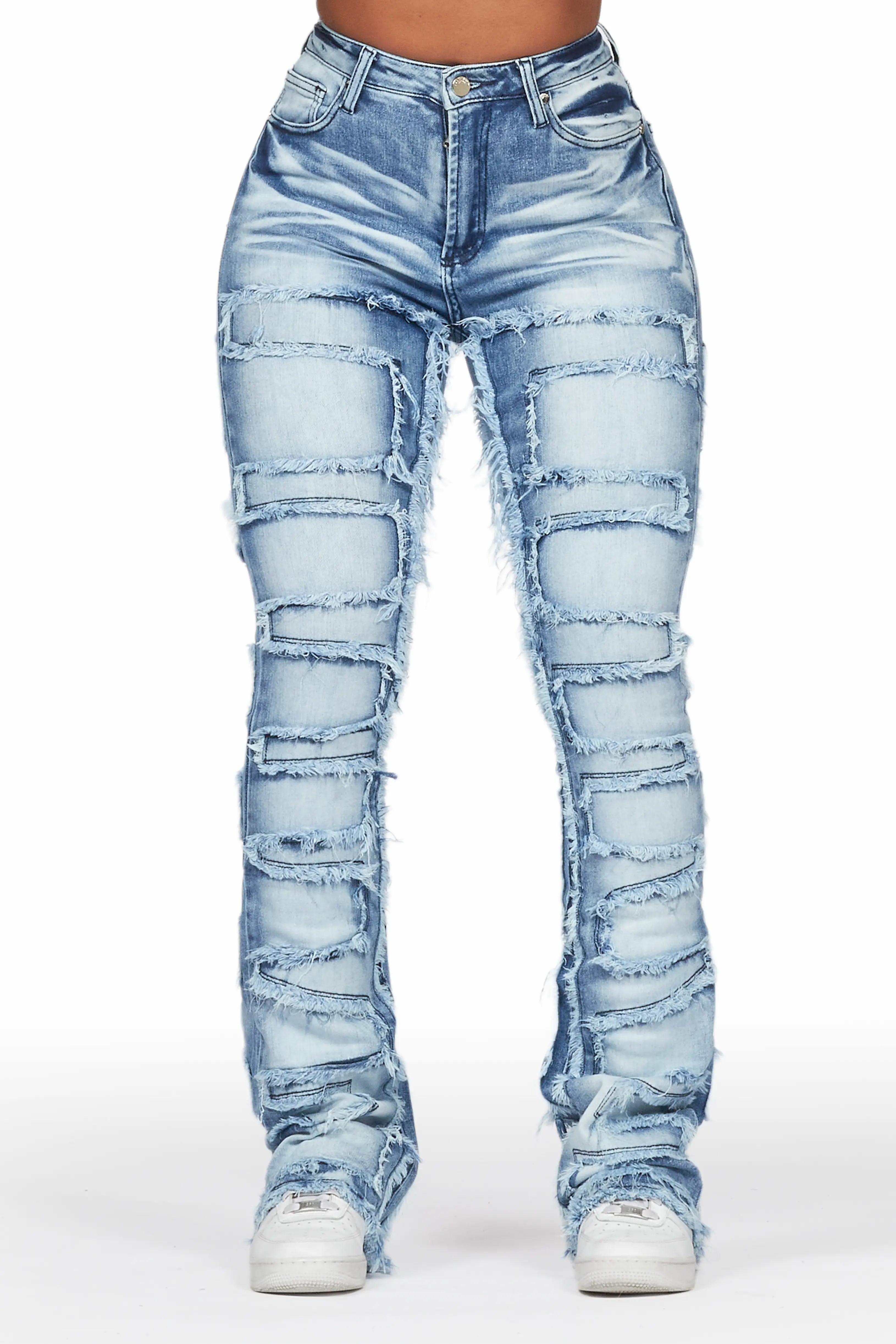 Zariyah Med. Wash Stacked Flare Jean Comfortable Dark Wash Jeans