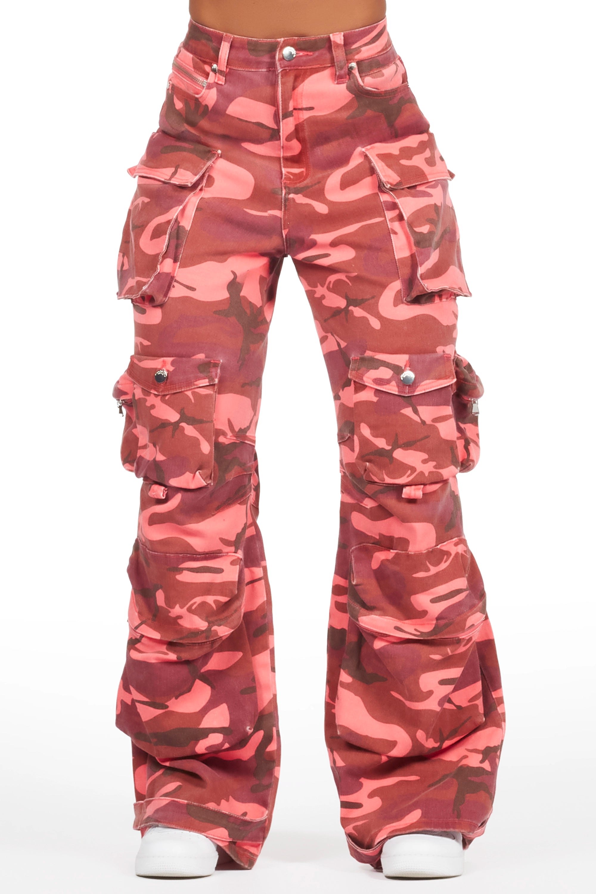 Nakia Pink Camo Cargo Wide Leg Jean Trendy Patchwork Denim Jeans