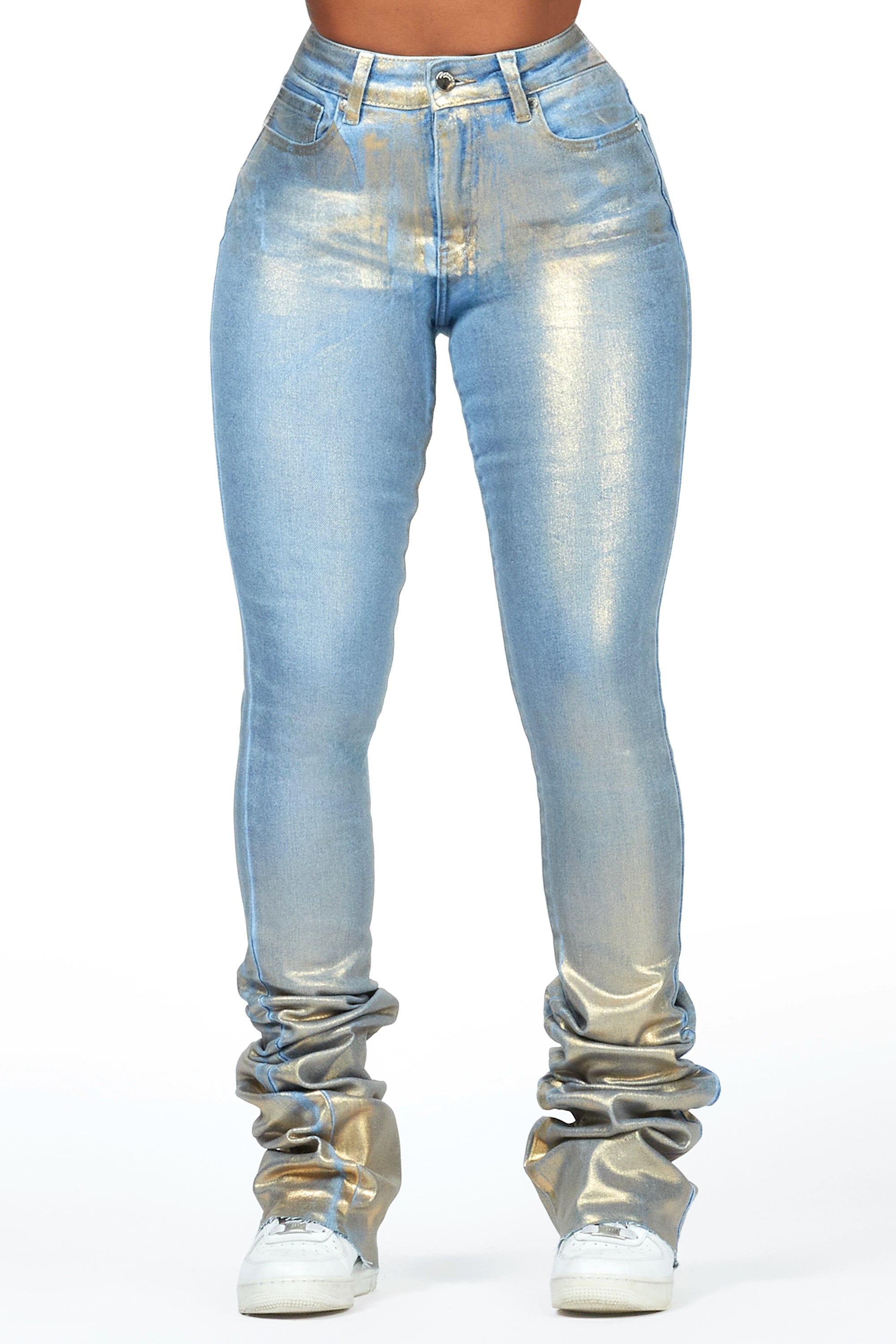 Vittoria Light Wash/Gold Foil Super Stacked Jean Casual Bootcut Ripped Jeans