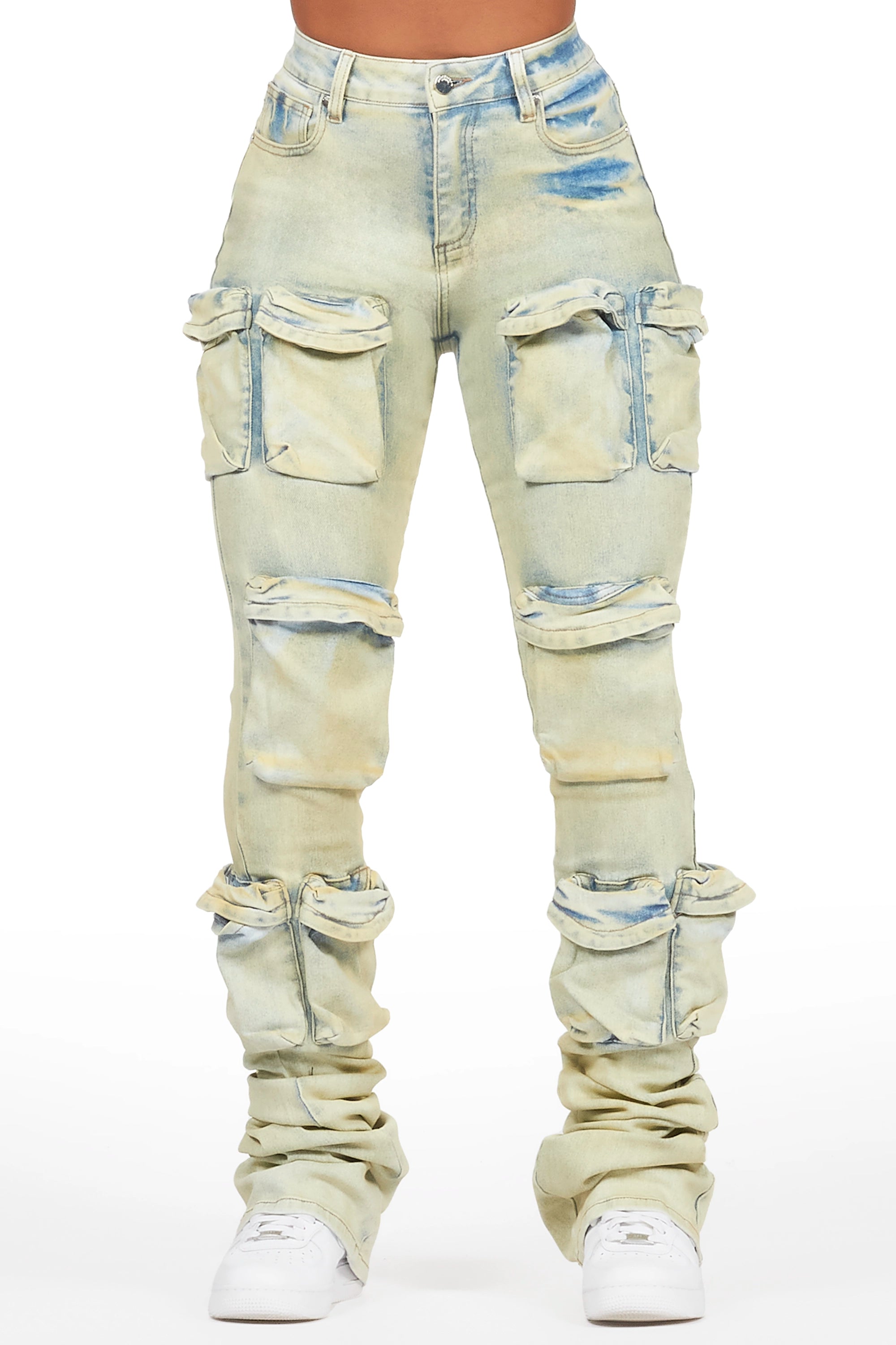 Alliyah Tinted Dirty Wash Cargo Super Stacked Jean Comfortable Flare Leg Jeans