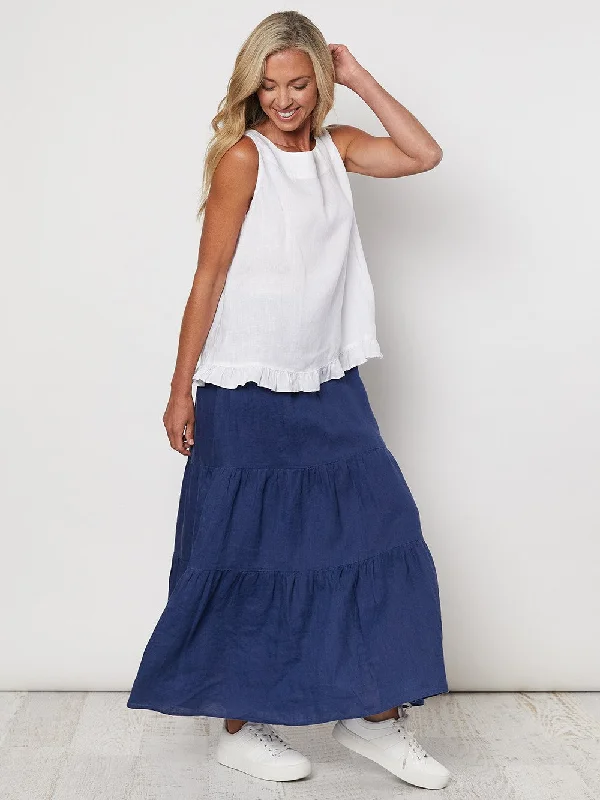 Skirt Tiered Linen Maxi - Indigo floral skirt print