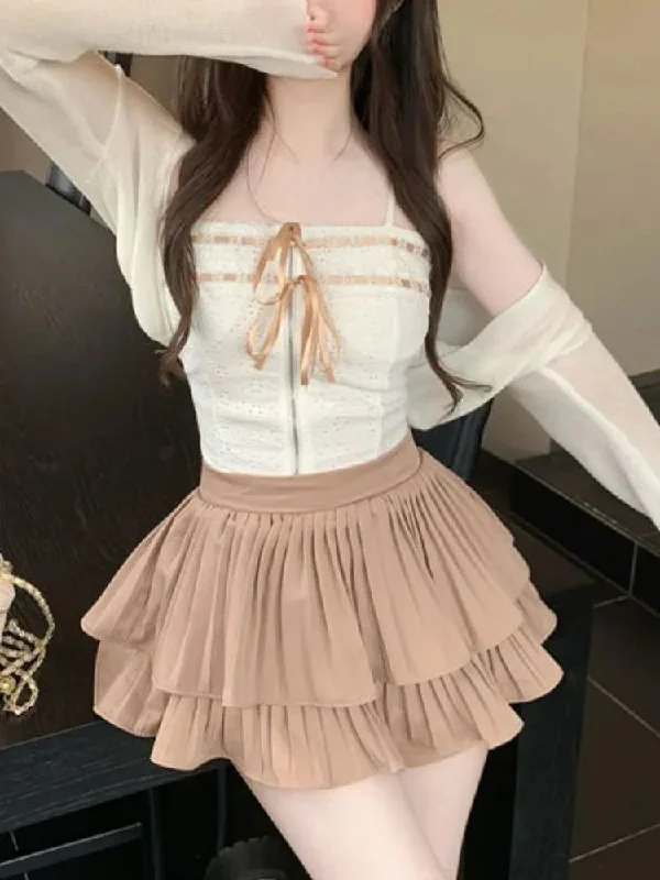 Summer Sweet Party 3 Piece Set Women Y2k Elegant Strap Mini Skirt Suit Female Korean Style Solid Hight Waist Skirt Suit New wool skirt sturdy