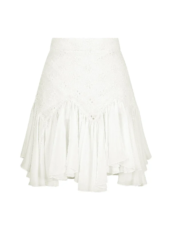 Flounce Detailed Embroidered Skirt White denim skirt stylish