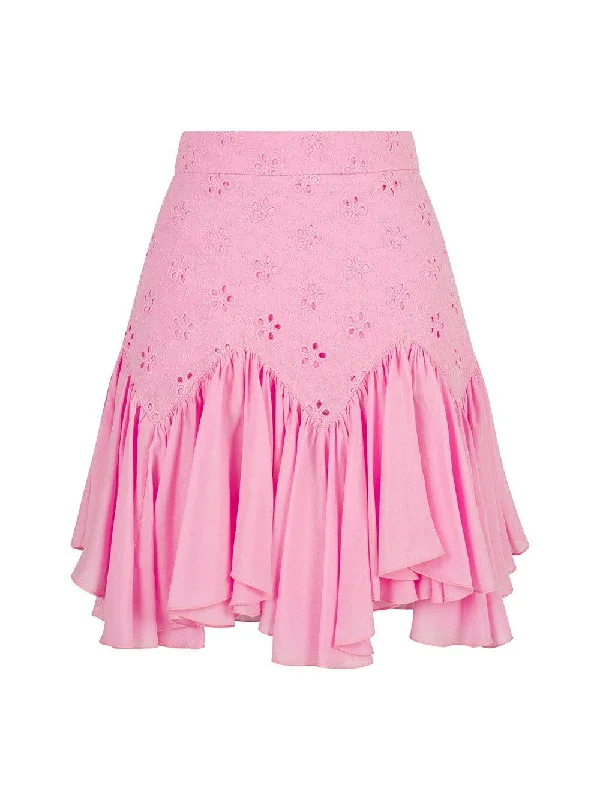 Flounce Detailed Embroidered Skirt Pink high slit skirt