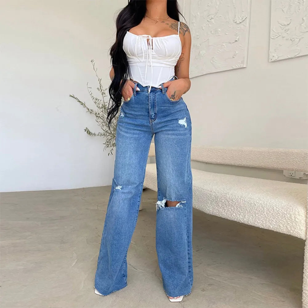 Women's Cotton High Waist Ripped Loose Casual Wide Leg Jean Pants Stylish Slim Fit Denim