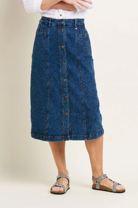 Button Front Denim Midi Skirt asymmetrical skirt cut