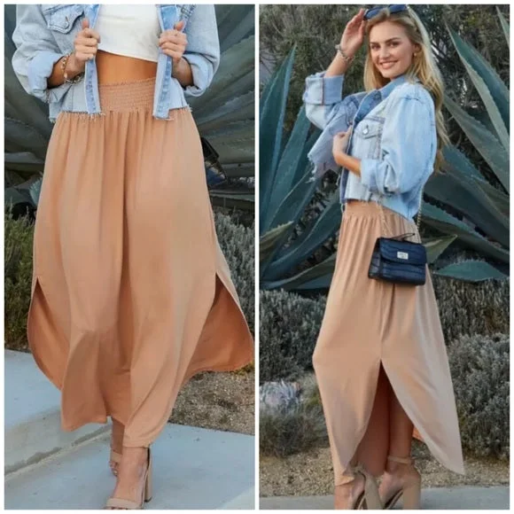 Camel Smocked Waist Side Slit Pocket Maxi Skirt Casual Womens lace skirt romantic