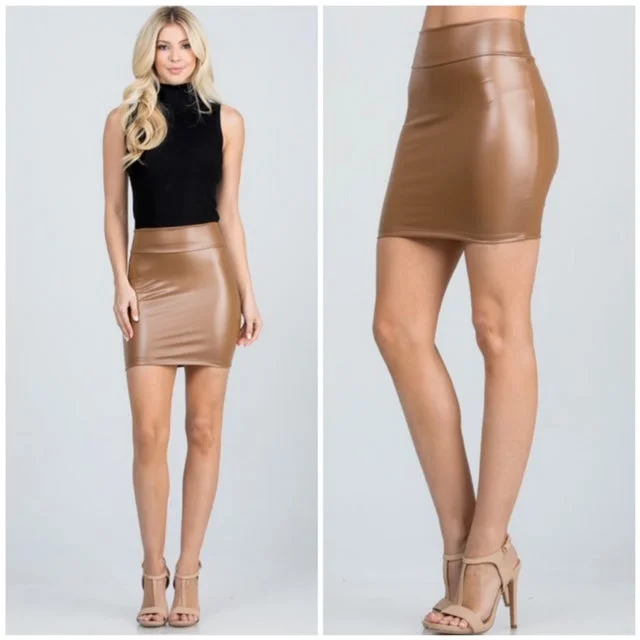 Caramel Faux Vegan Leather High Waist Mini Skirt Sexy Womens corduroy skirt durable