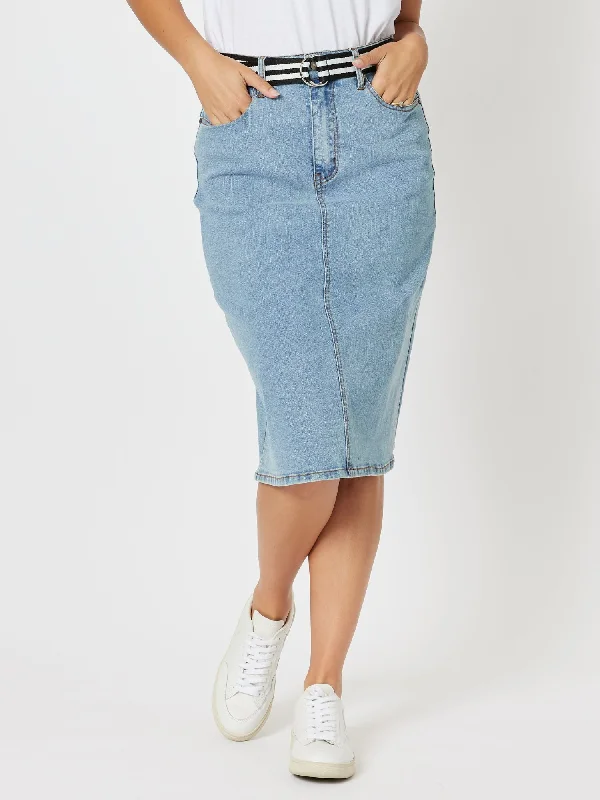 Denim Midi Skirt - Denim corduroy skirt textured