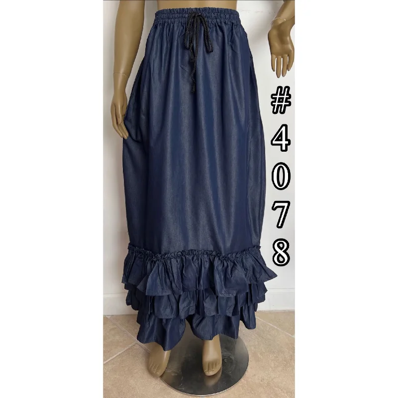 Women's Drawstring Denim Ruffle Maxi Skirt -- FI-4078 leather skirt bold