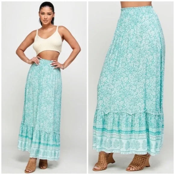 Green Tea Floral Gypsy Boho Bohemian Border Full Length Ruffle Casual Maxi Skirt silk skirt luxurious