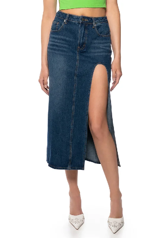 NAUGHTY OR NICE DRAMA SLIT DENIM SKIRT cashmere skirt plush