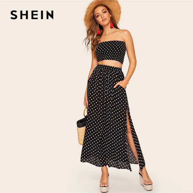 SHEIN Boho Polka Dot Shirred Bandeau Top And Maxi Skirt Set Women Summer HighStreet Black Crop Bandrau Maxi Skirt Twopiece high slit skirt