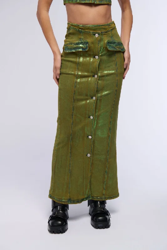 SHES GLOWING METALLIC DENIM MAXI SKIRT linen skirt airy