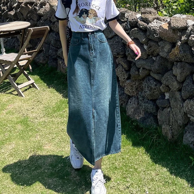 Vintage High Waist Women Denim Midi Skirt Summer Thin Section Slit A Line Skirts Fashion Casual All Match Denim Skirts denim skirt trendy