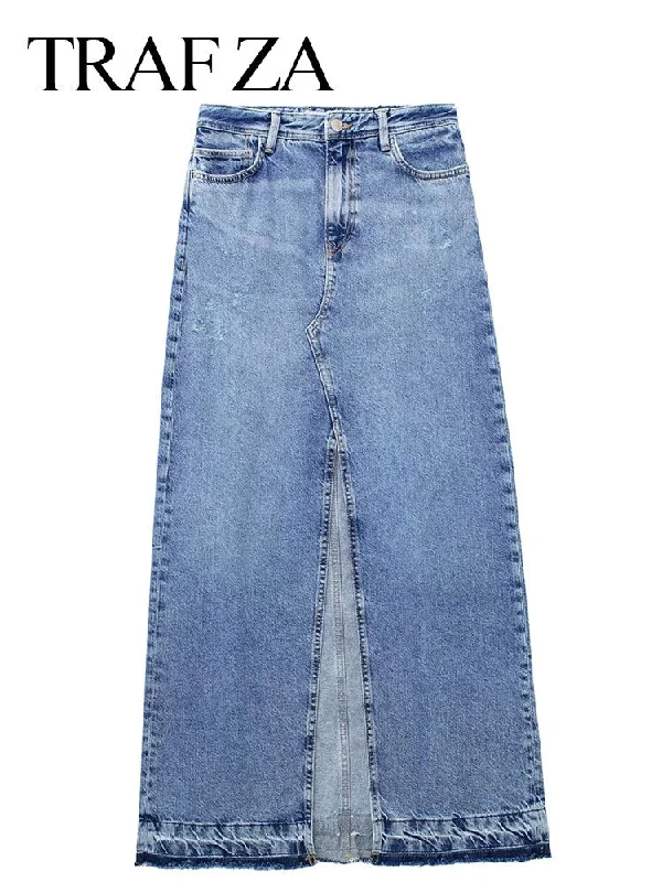 Women's Front Slit Blue Denim Skirt Pockets High Waist Slim Zipper Fly Midi Skirts Spring Female Casual Streetwear cashmere skirt fine