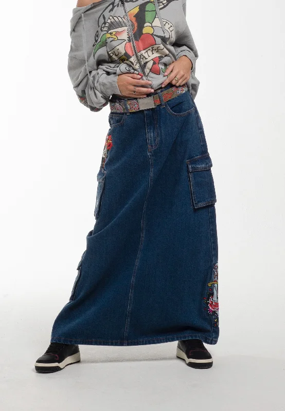 Womens Killer Rose Denim Midi Skirt - Blue tiered skirt playful