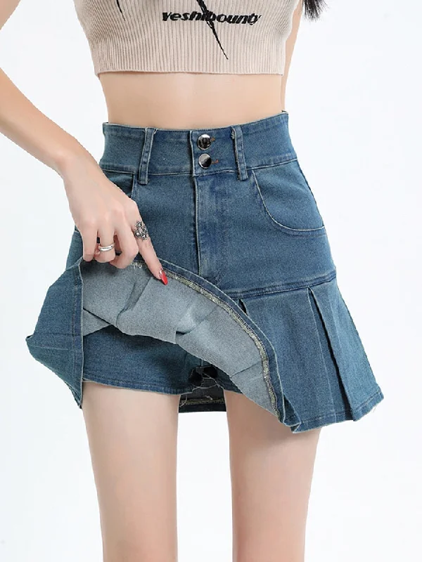 Zoki Sexy Pleated Women High Waist Denim Skirt Fashion Pockets A Line Skirts Summer Harajuku High Quality Vintage Skirt corduroy skirt durable