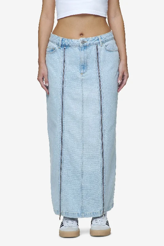 Aya Denim Midi Zip Skirt Washed Light Blue wrap skirt elegant