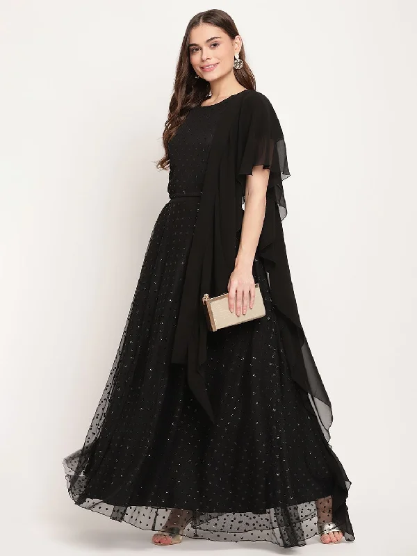 Ahalyaa Women's Black Net Glitter Print Top Skirt Set With Dupatta corduroy skirt textured