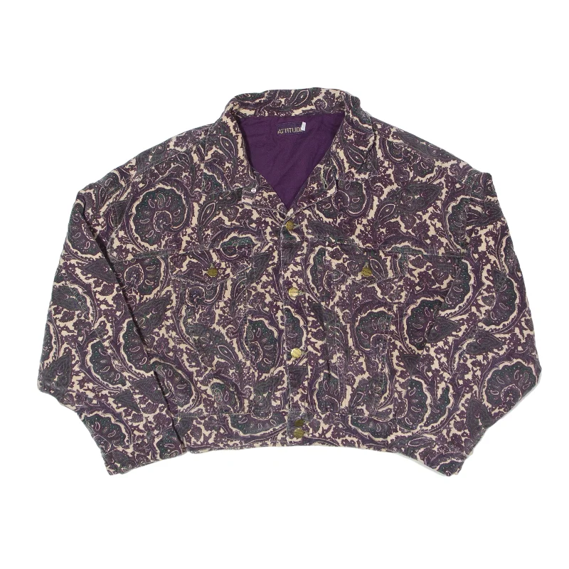 ATTITUDE Relaxed Fit Corduroy Jacket Purple 80s Paisley Womens M Zip Front Button Front Snap Front