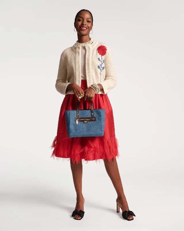 Barbara Midi Skirt Feather Fringe Red denim skirt trendy