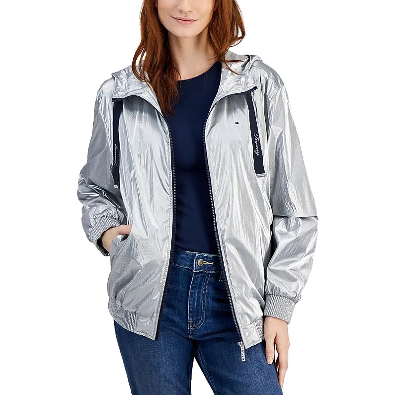 Womens Metallic Long Sleeve Windbreaker Jacket Anorak Shell Jacket Lightweight Jacket