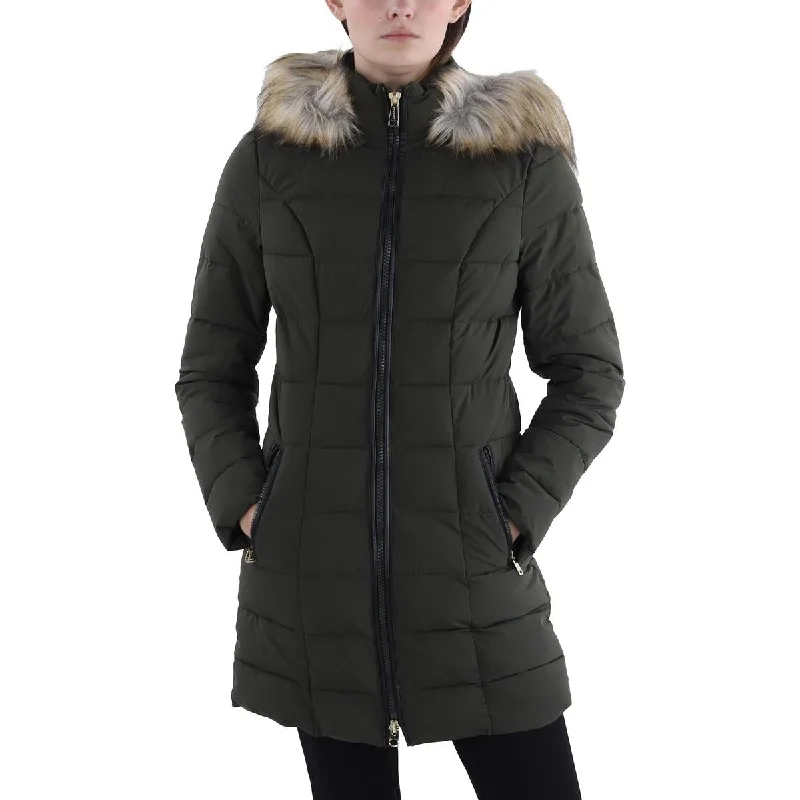 Womens Quilted Hooded Puffer Jacket Zippered Front Buttoned Front Snap Front