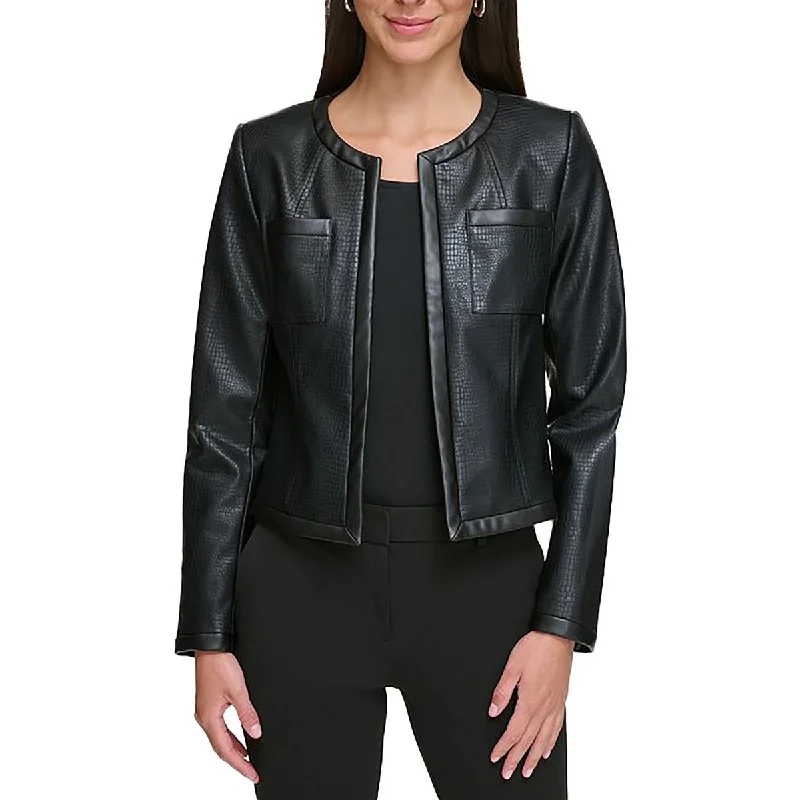 Womens Faux Leather Embossed Leather Jacket Oversized Jacket Tailored Jacket Straight Jacket