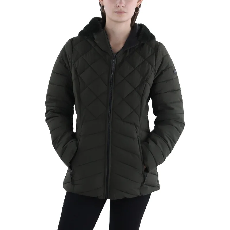 Womens Quilted Hooded Puffer Jacket Snapped Jacket Toggled Jacket Drawstring Jacket