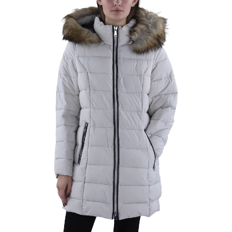 Womens Faux Fur Trim Hooded Puffer Jacket Striped Jacket Polka Dot Jacket Floral Jacket