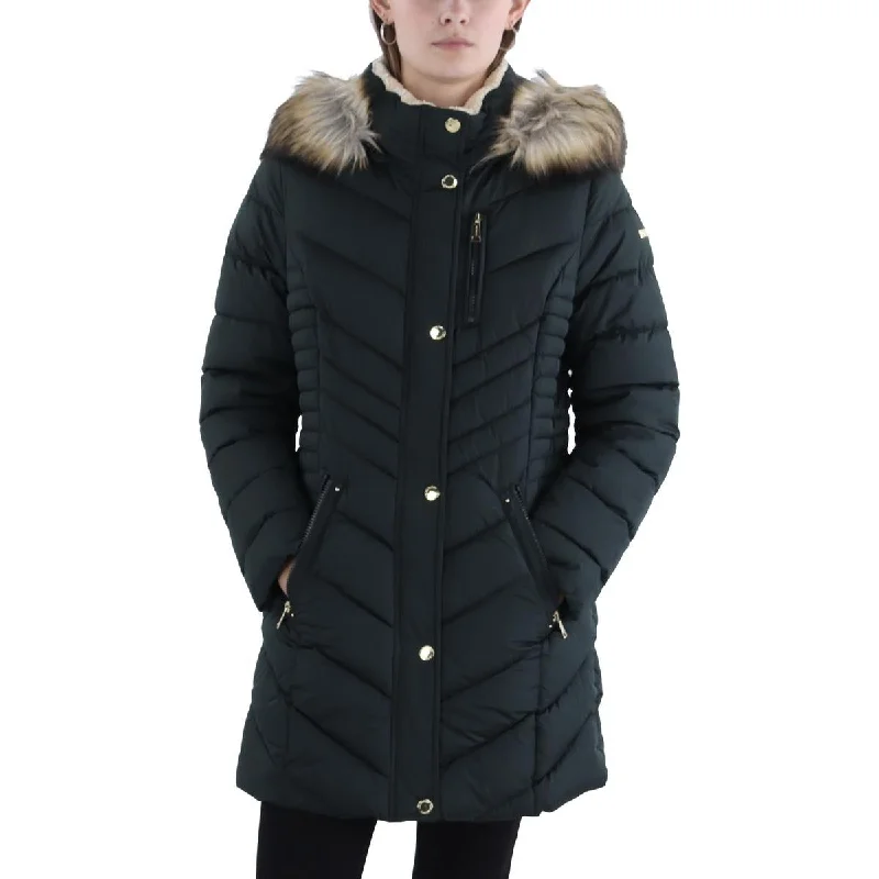 Womens Faux Fur Trim Hooded Puffer Jacket Knit Fabric Woven Fabric Fleece Fabric