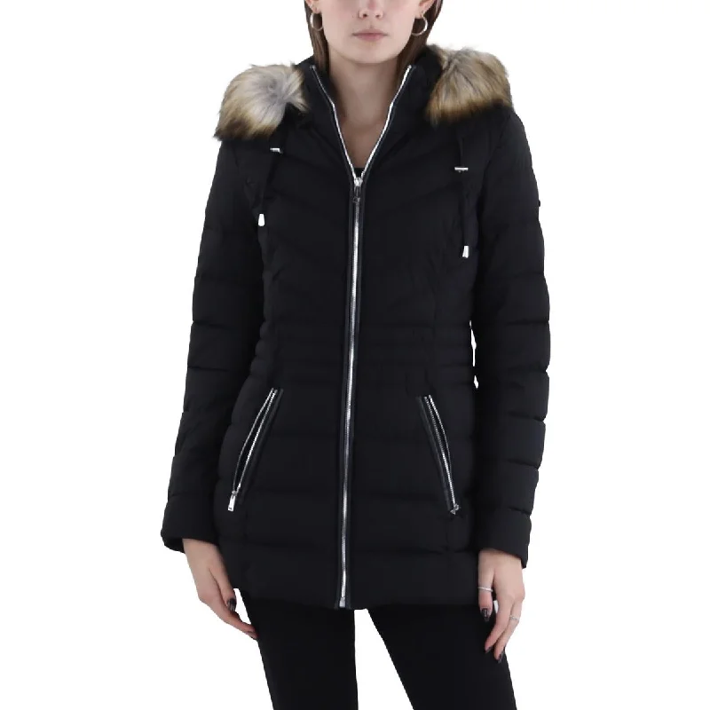 Womens Faux Fur Trim Hooded Puffer Jacket Hoodie Zip-Up Jacket Button-Up Jacket