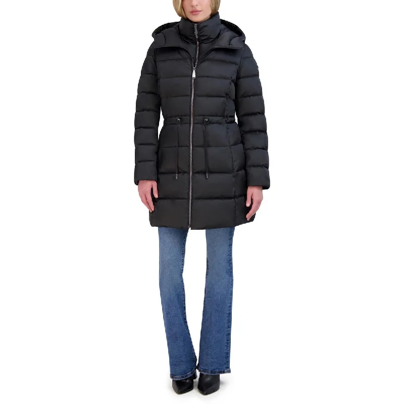 Womens Quilted Hooded Puffer Jacket Front Pockets Side Pockets Patch Pockets