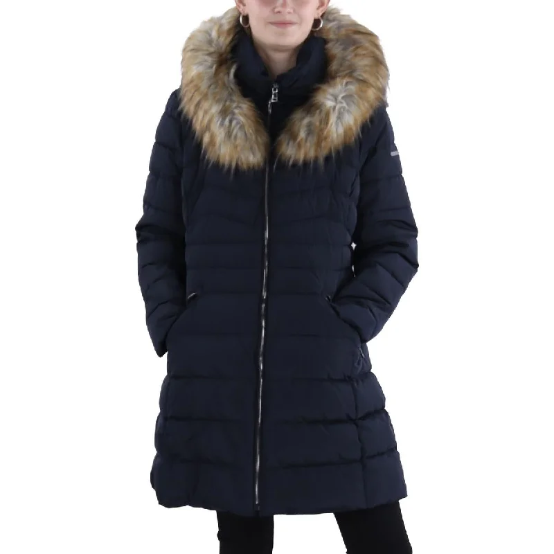 Womens Faux Fur Trim Hooded Puffer Jacket Wool Fabric Cashmere Fabric Tweed Fabric