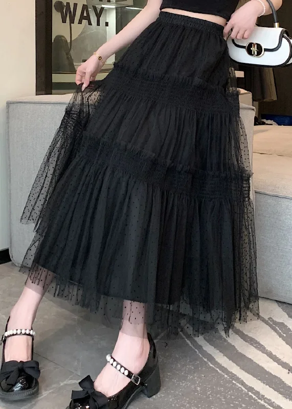 Black Patchwork Italian Tulle Skirt Ruffled Elastic Waist Spring elastic waist skirt