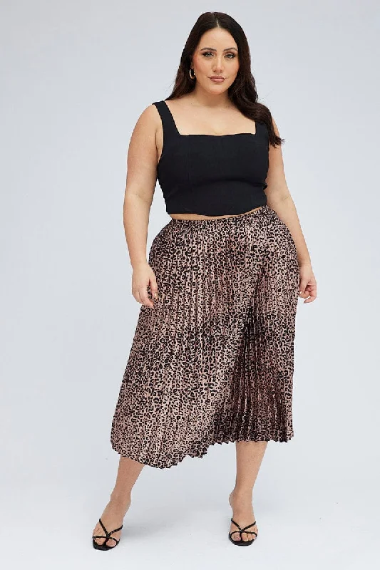 Brown Animal Print Pleated Skirt Leopard linen skirt airy