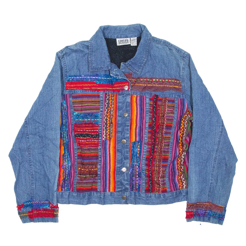 CHICOS DESIGN Boho Style Denim Jacket Blue 90s Striped Womens M Ribbed Jacket Pleated Jacket Ruffled Jacket