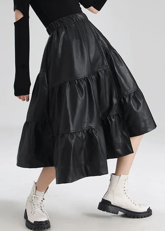 French Black Asymmetrical Patchwork Faux Leather Skirt Winter lace skirt intricate