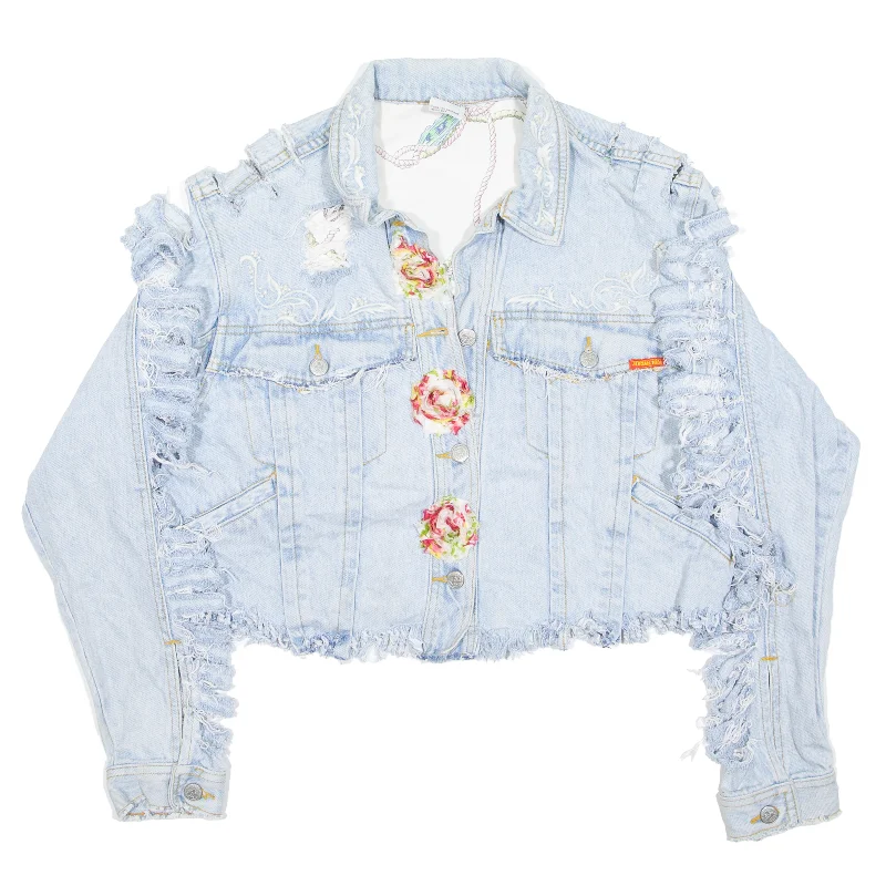 JORDACHE Distressed Beaded Denim Jacket Blue 90s Floral Womens M Stand-Up Collar Roll-Neck Collar Turtle Neck