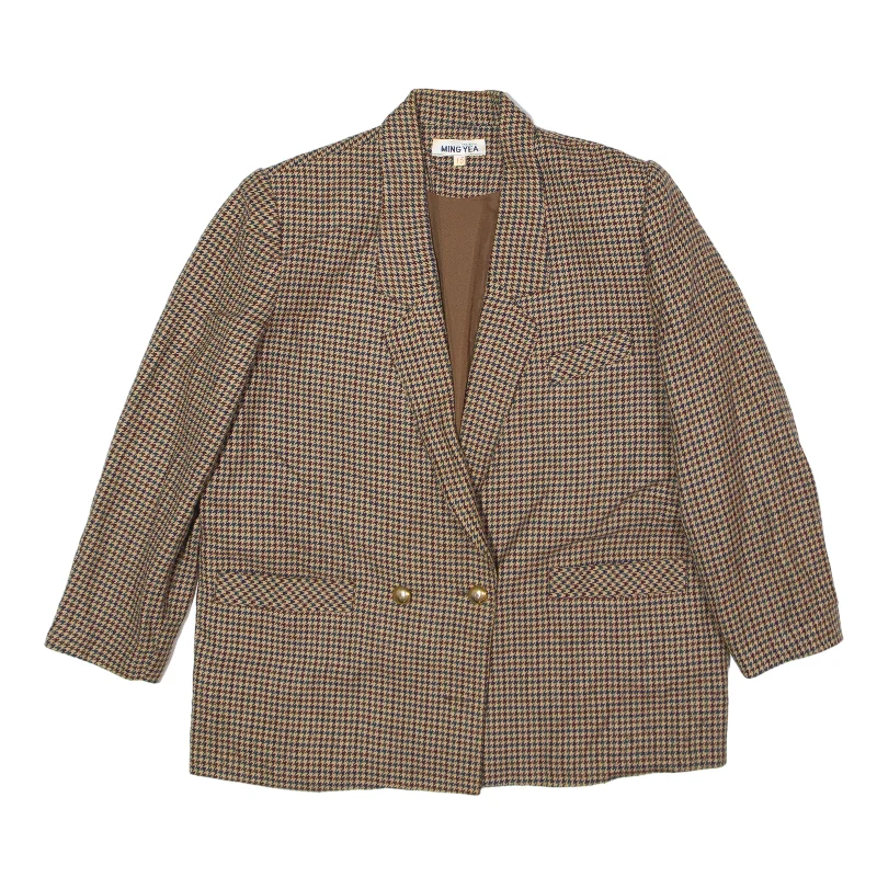 MING YEA Blazer Jacket Brown 90s Houndstooth Womens L Cardigan Sweater Pullover