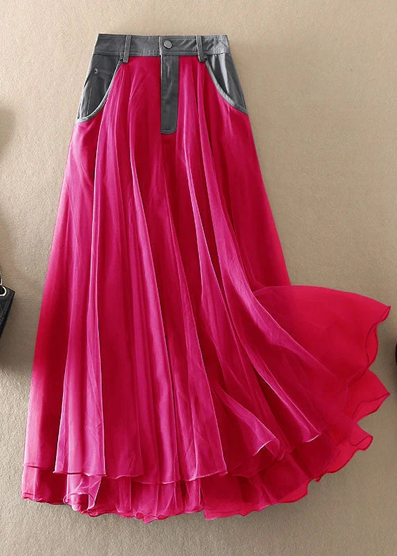 Natural Red high waist Patchwork Tulle Skirts Spring cashmere skirt soft
