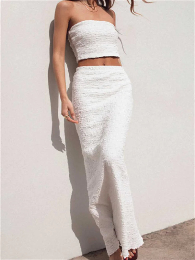 JuliaFashion - Off Shoulder Slim Fit Ruched Y2K Strapless Tube Tops Skirts Outfits silk skirt elegant