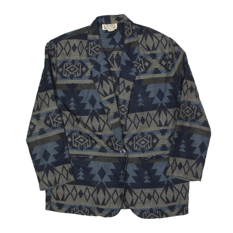 STREETWEAR Blazer Jacket Blue 90s Geometric Womens L Toggled Jacket Drawstring Jacket Belted Jacket