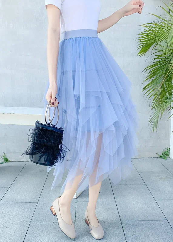 Style Light Blue Asymmetrical Elastic Waist Tulle Skirts Summer lightweight skirt design