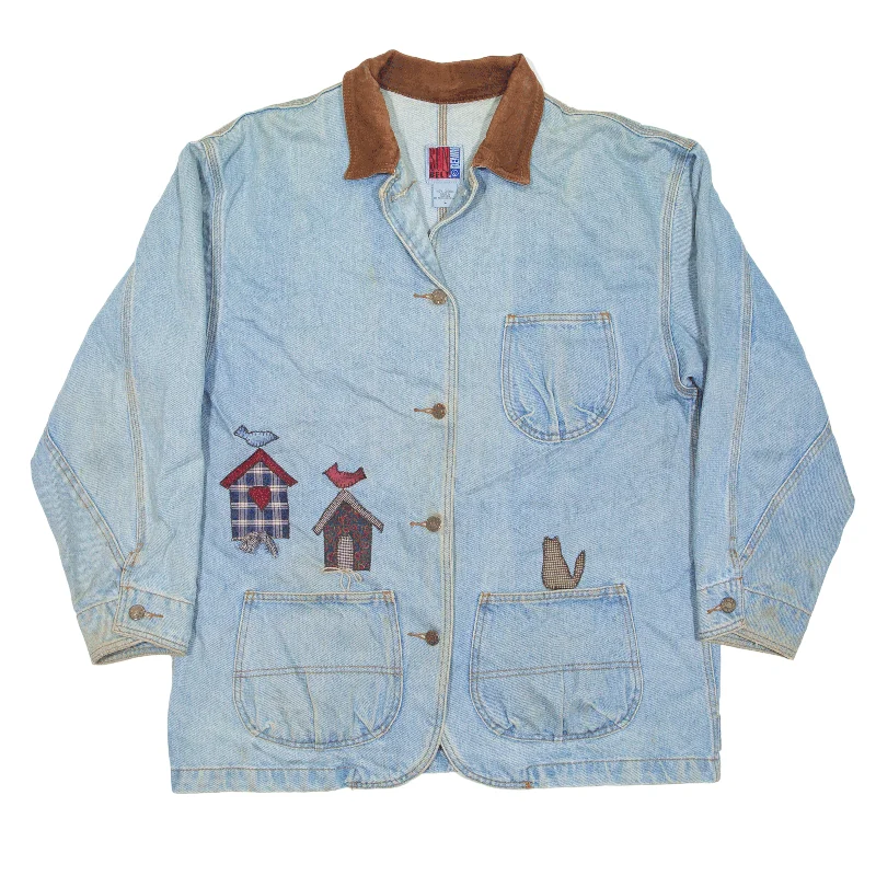 SUN BELT Birdhouse Detail Denim Jacket Blue 90s Womens L Cotton Jacket Linen Jacket Terry Jacket