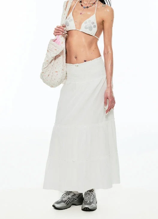 White Elastic-Waist A-line Pleated Midi Skirt corduroy skirt cozy