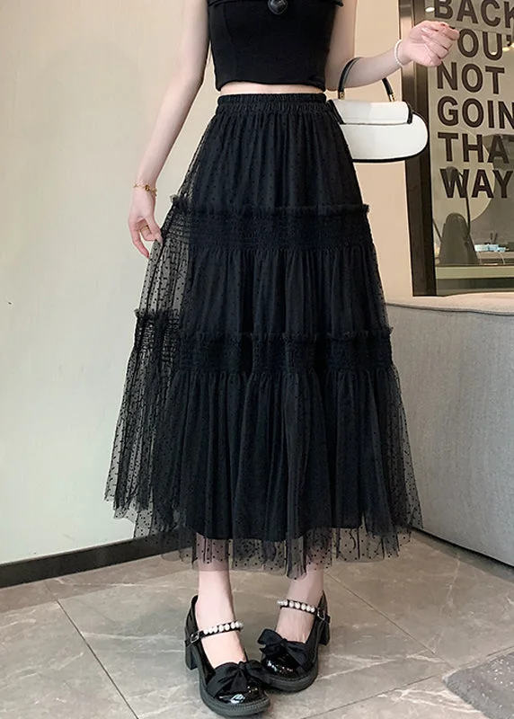 Women Black Ruffled Patchwork Elastic Waist Tulle Skirt Summer breathable skirt fabric